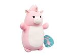 Pink unicorn plush toy with a white belly and a tag that says 'Seraphina'.