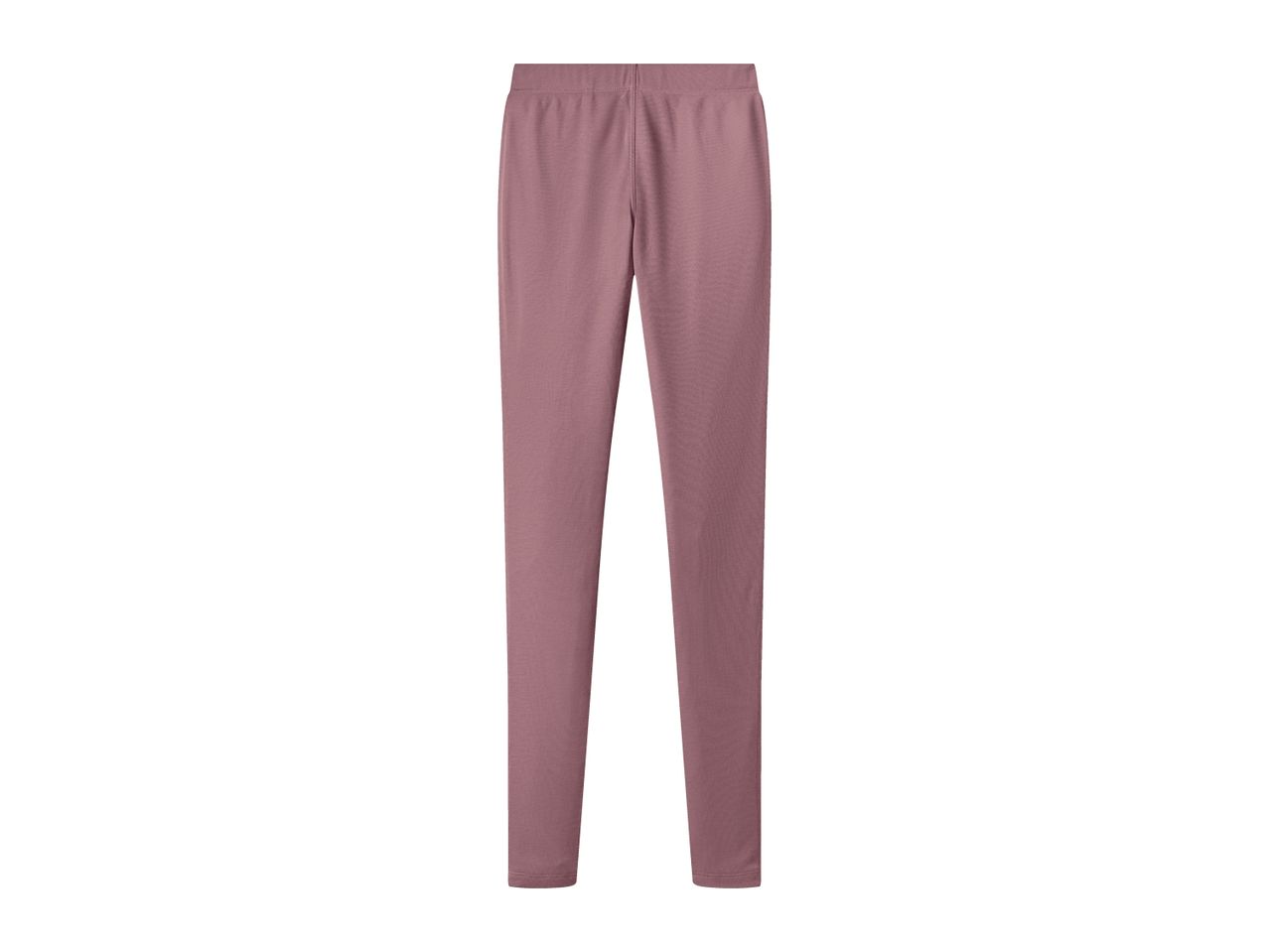 A pair of plain mauve leggings with an elastic waistband.