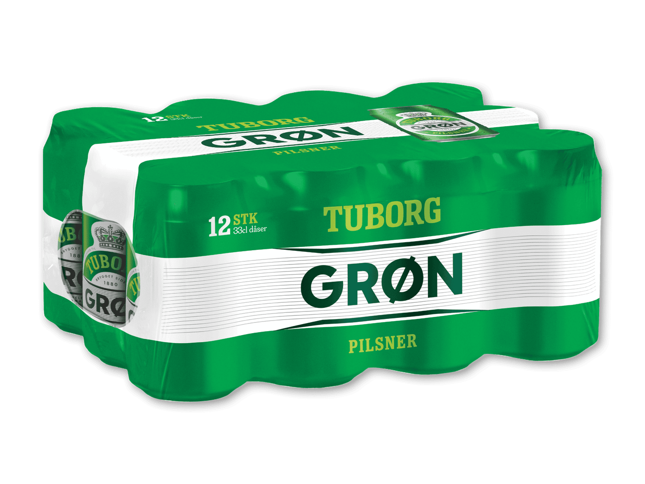 En 12-pakke grønne pilsnerøl dåser med hvid og grøn etiket.