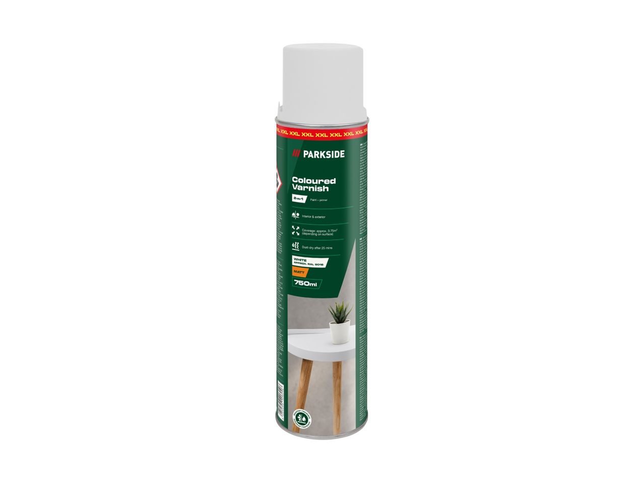 White coloured varnish spray can, 750ml, matt finish, suitable for interior and exterior use.