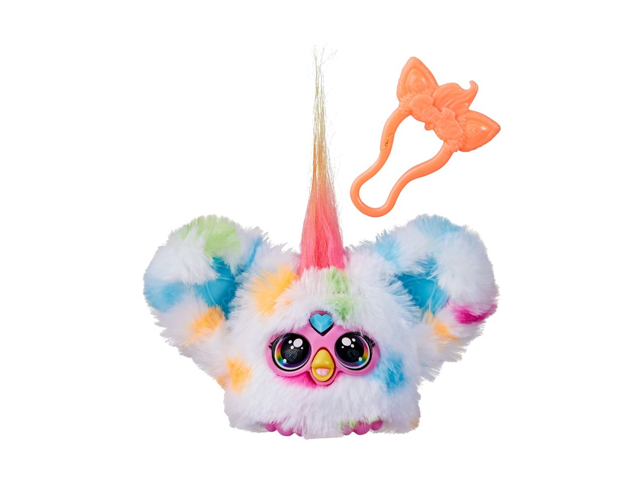 A colorful, fluffy Furby toy with a unicorn horn and a hair clip.
