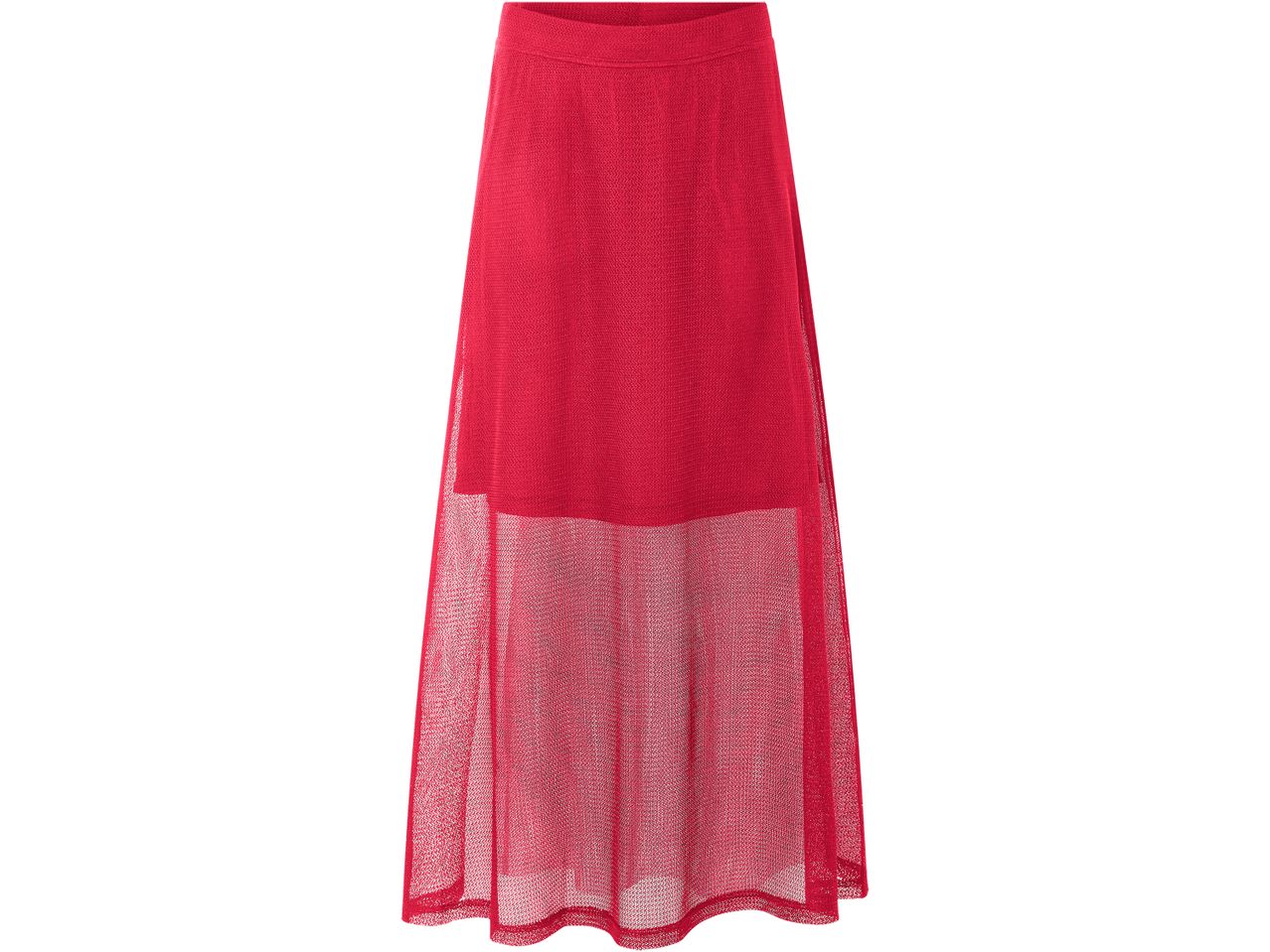 A red knit maxi skirt with a sheer mesh overlay.