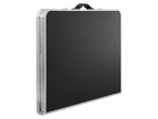 Portable folding table with black top and aluminum frame.