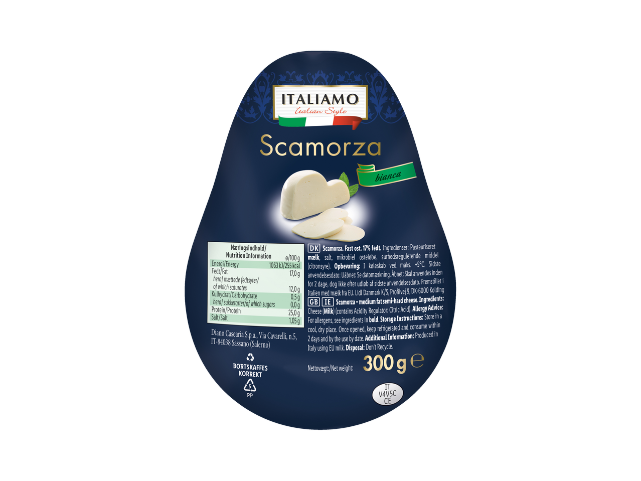 Italiamo Scamorza cheese with nutrition information and product details.
