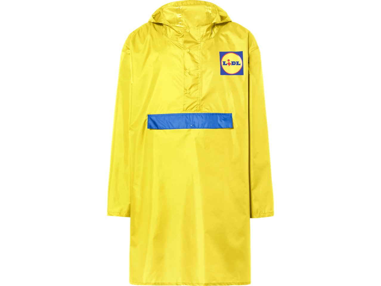 Gele Lidl regenjas met capuchon.