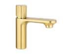 Goldfarbener Waschbeckenmischer im modernen Design.