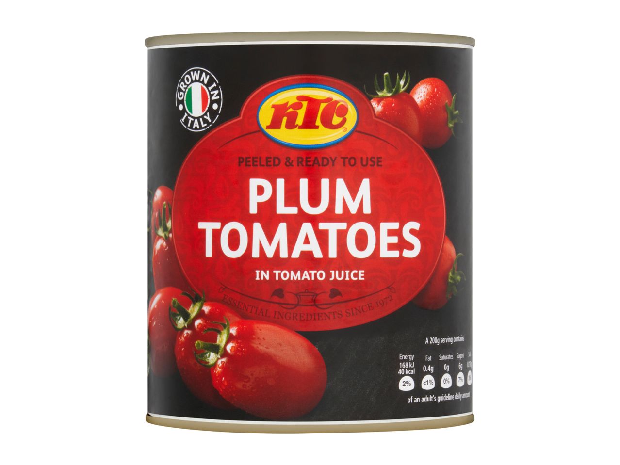A can of peeled plum tomatoes in tomato juice, grown in Italy.