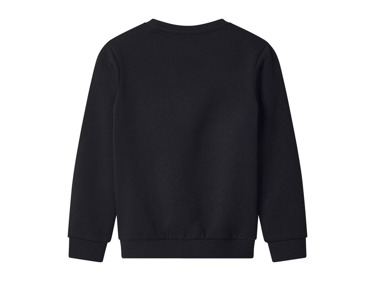Black long-sleeved sweatshirt with ribbed cuffs and hem, back view.