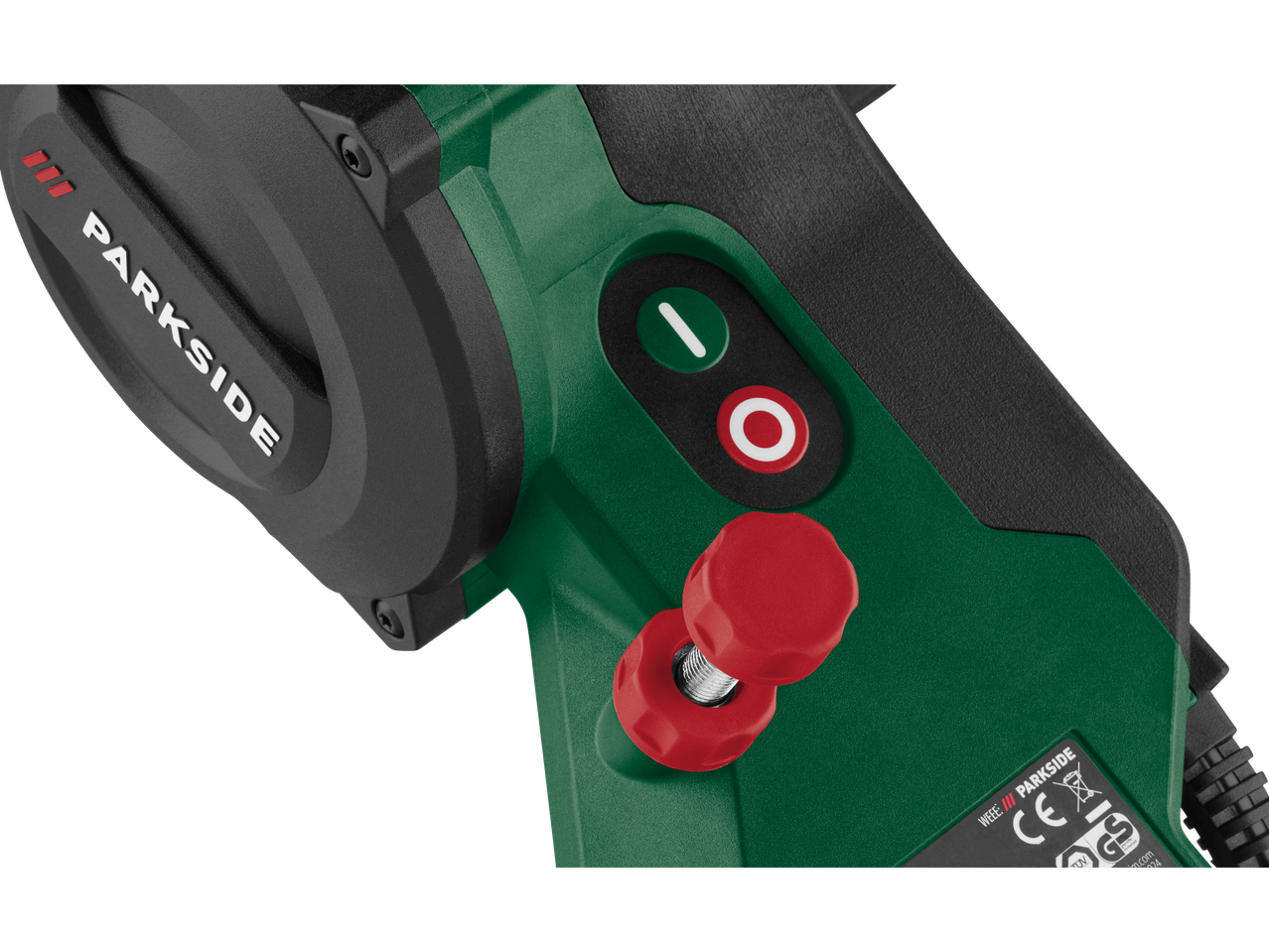 Close-up of a Parkside power tool, showing its control panel and adjustment knob.