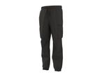 Dark grey cargo pants with an elastic waistband and drawstring, featuring side and cargo pockets.