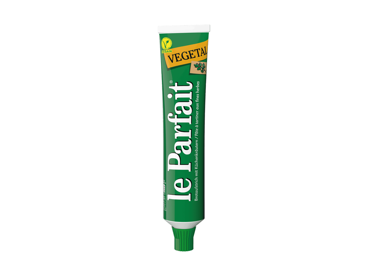 Eine Tube Le Parfait, ein vegetarischer Kräuteraufstrich.