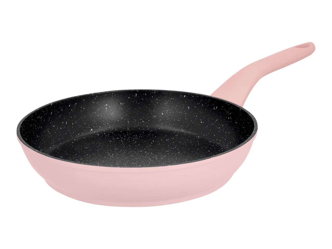 Pink frying pan with a black speckled non-stick interior.