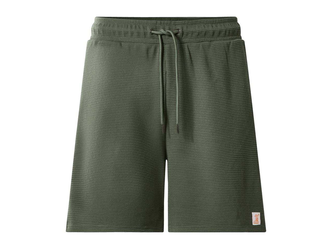 Dark green waffle knit shorts with a drawstring waist and a small summer-themed patch.