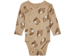 Lupilu® Baby Wrap-Over Bodysuit with a brown bear pattern.