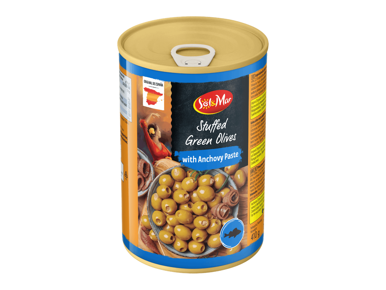 Tölkki täytettyjä vihreitä oliiveja anjovispastalla, 410 g.