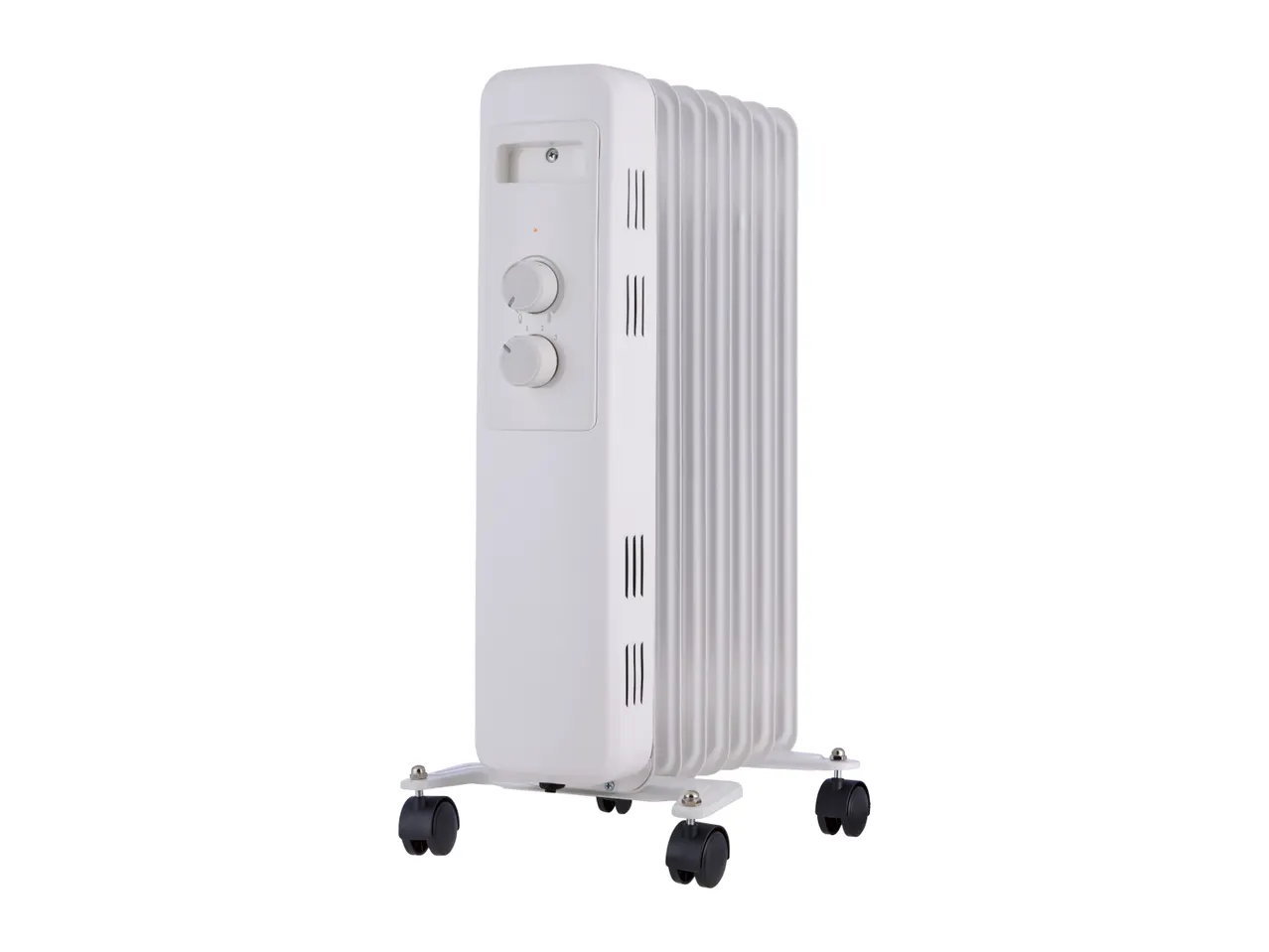 White oil-filled radiator heater with wheels and control dials