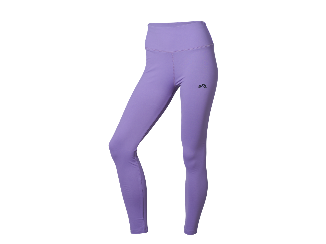 High-waisted purple sports leggings with a small black logo.