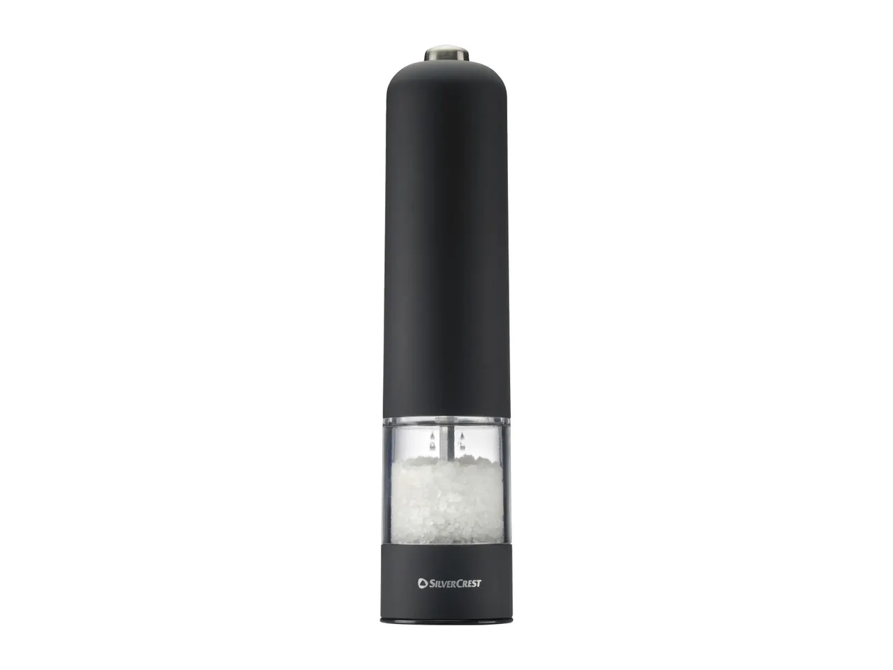 Black electric salt or pepper mill with a clear chamber filled with coarse salt.