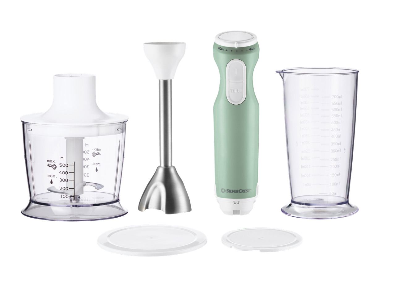 Rankinio trintuvo rinkinys su smulkintuvu, matavimo puodeliu ir dangteliais, šviesiai žalios ir baltos spalvos.