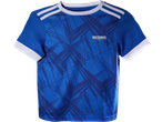 Blue kids' training jersey with white stripes on shoulders and a geometric pattern.