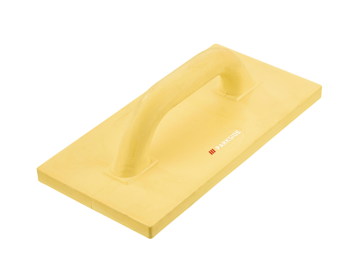 Sárga színű, téglalap alakú simítókanál, ívelt fogantyúval.