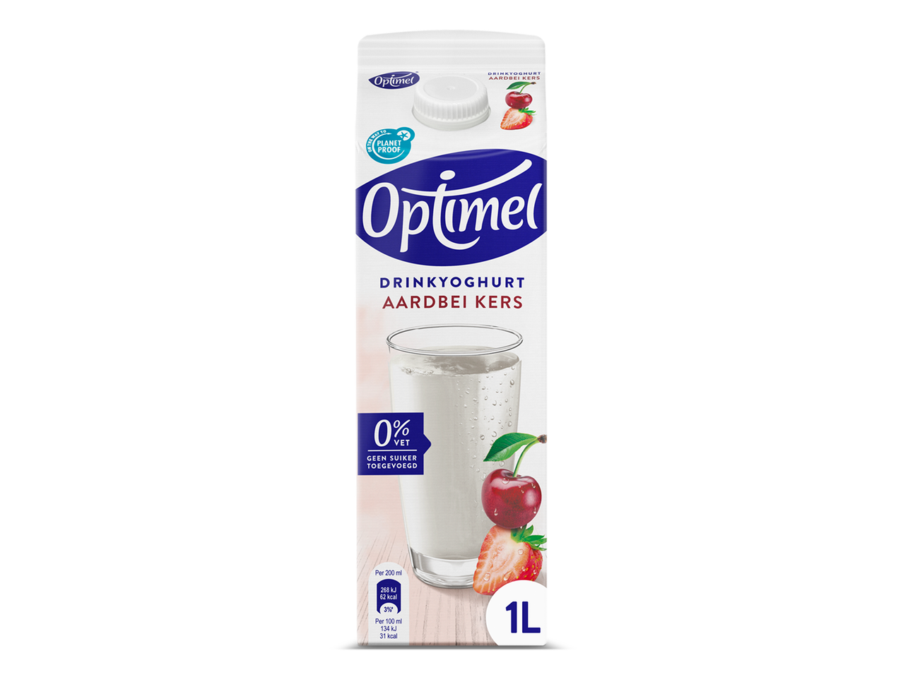 Optimel drinkyoghurt aardbei kers, 0% vet, geen suiker toegevoegd, 1L verpakking.