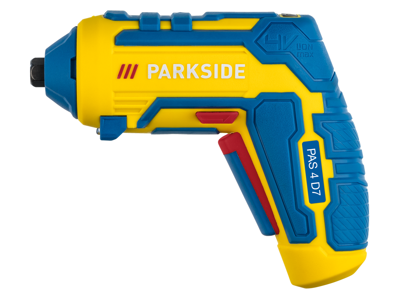 Aparafusadora a bateria PARKSIDE 4 V, modelo PAS 4 D7, amarela e azul.