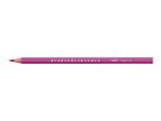 A sharpened purple coloring pencil with small bird-like designs and text along its barrel.