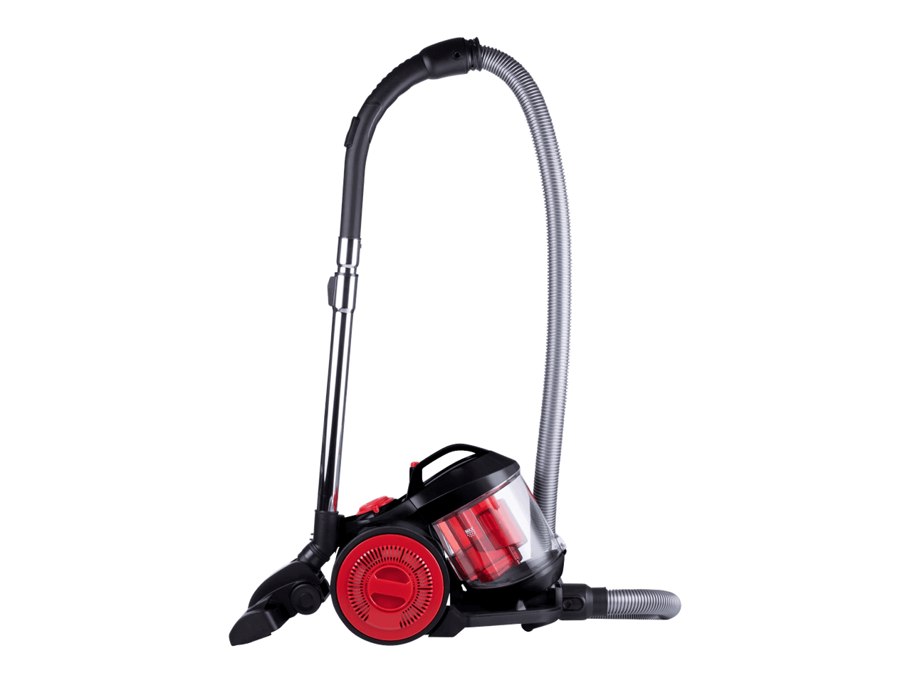 Musta ja punainen pölynimuri, jossa on läpinäkyvä pölysäiliö