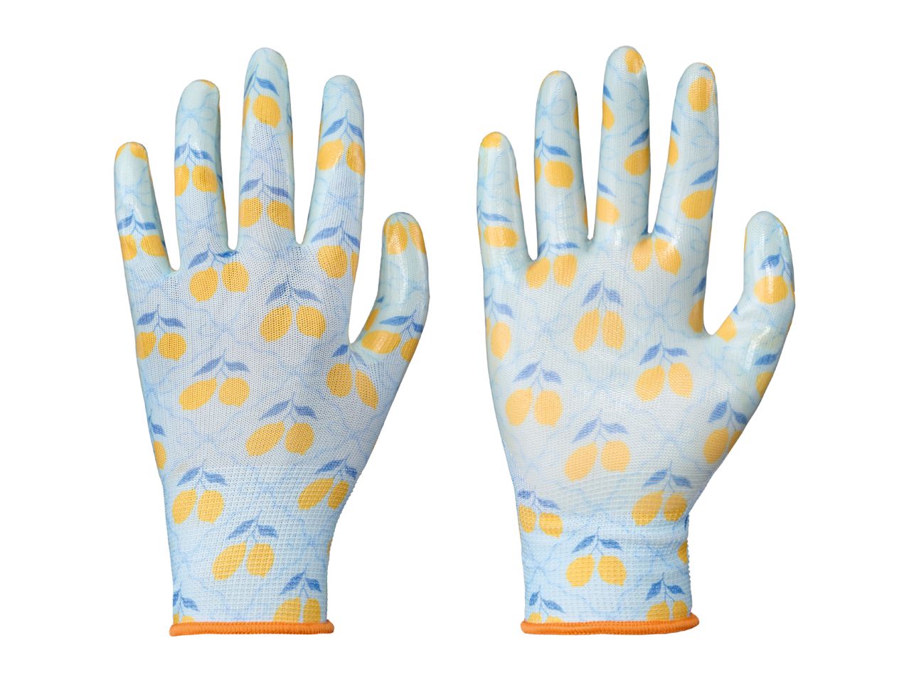 Pair of light blue gardening gloves with a yellow lemon and blue leaf pattern.