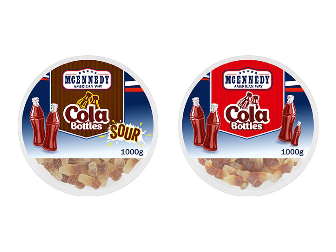 Two tubs of cola bottle gummies, one sour and one classic flavor.