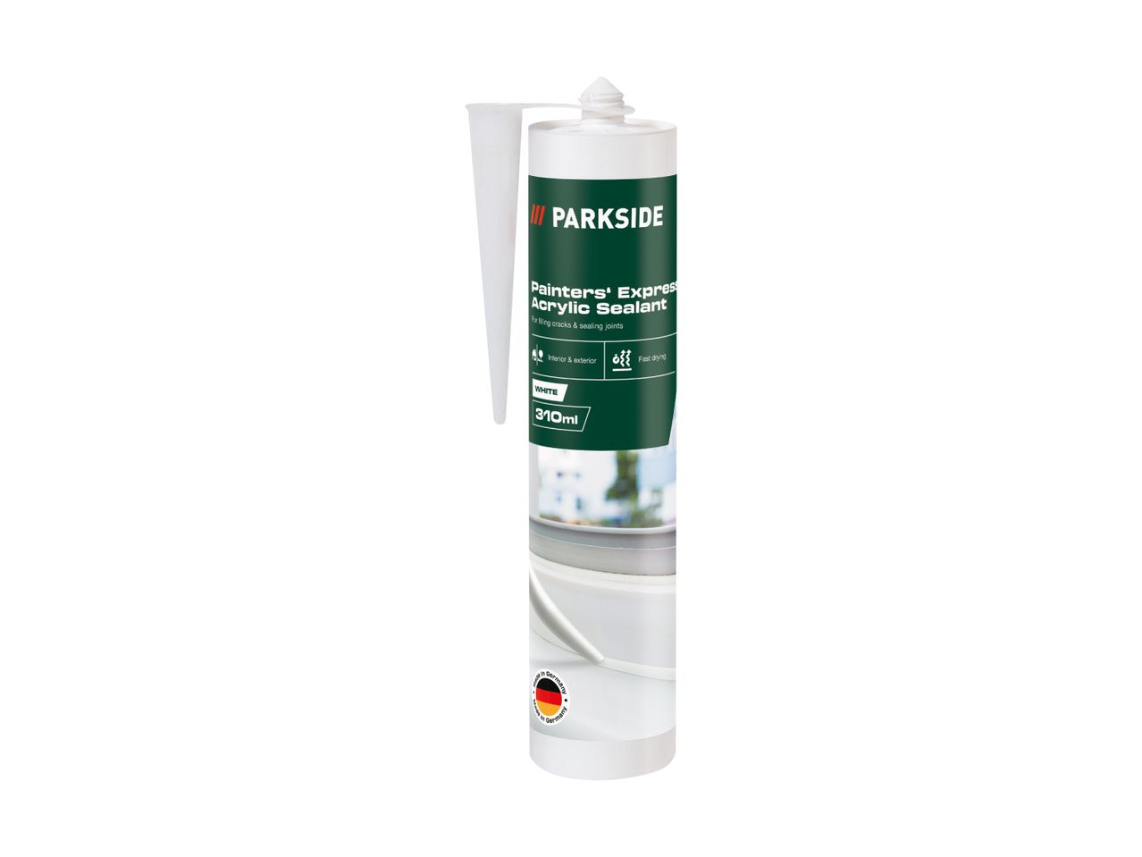 White acrylic sealant for filling cracks and sealing joints, 310ml, made in Germany.