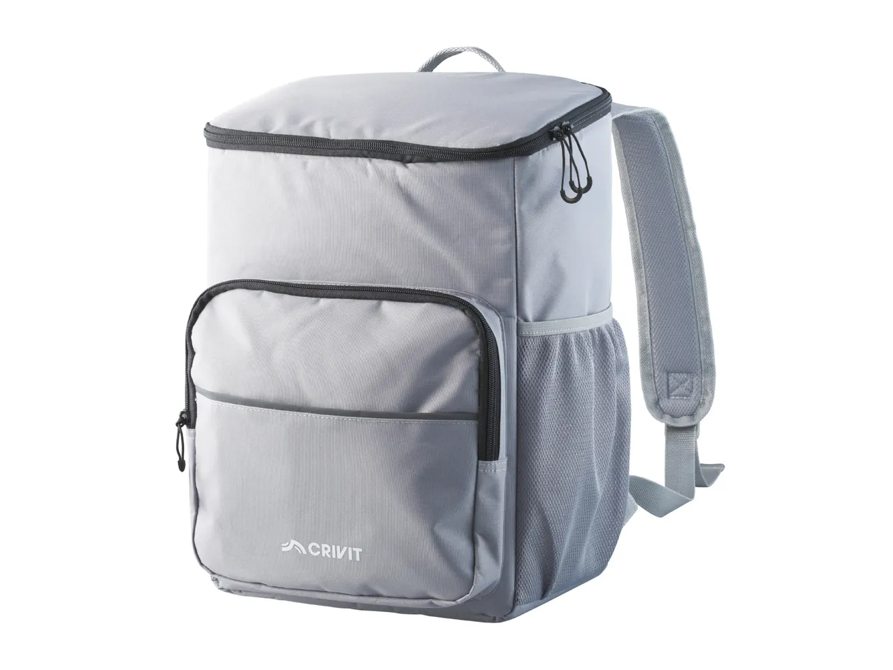 Light grey cooler backpack with a front pocket and mesh side pockets.