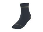 Dark blue sock with two olive green stripes around the ankle and an olive green heel.