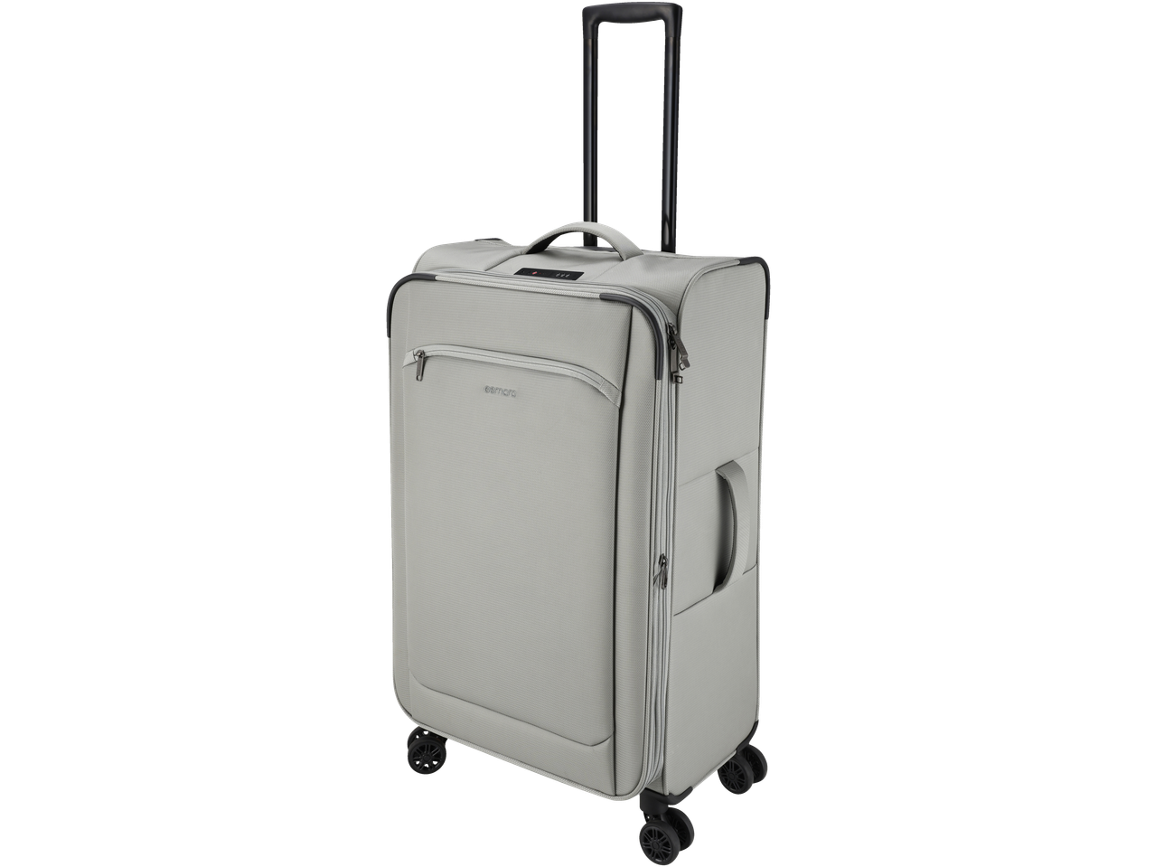 Light grey Esmara trolley suitcase with an extended handle, front pocket, and four wheels.