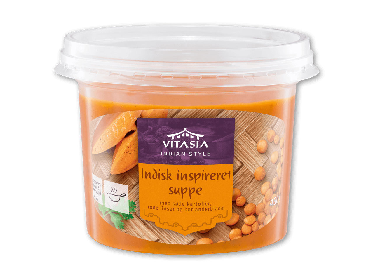 Indisk inspireret suppe med søde kartofler, røde linser og korianderblade i en klar beholder.