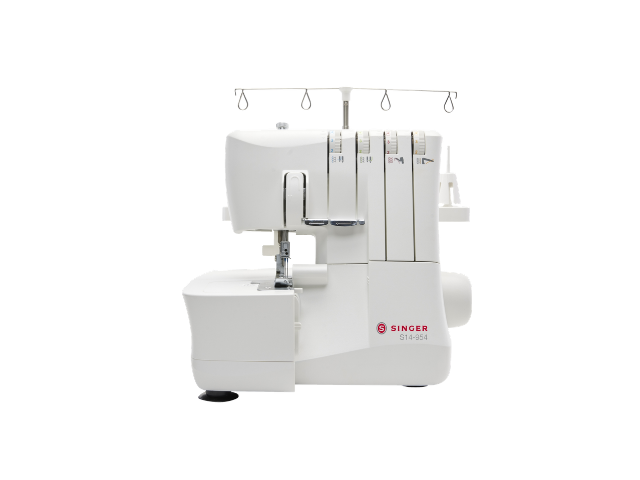 Balta Pfaff® overloko siuvimo mašina S14-954 su siūlų stovu ir įtempimo ratukais.