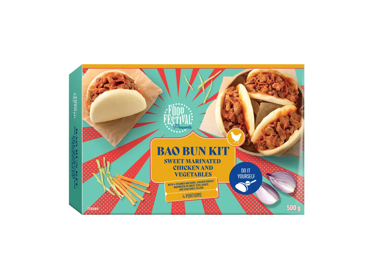 Bao Bun Kit met zoet gemarineerde kip en groenten, 4 porties, 500g, diepvries.