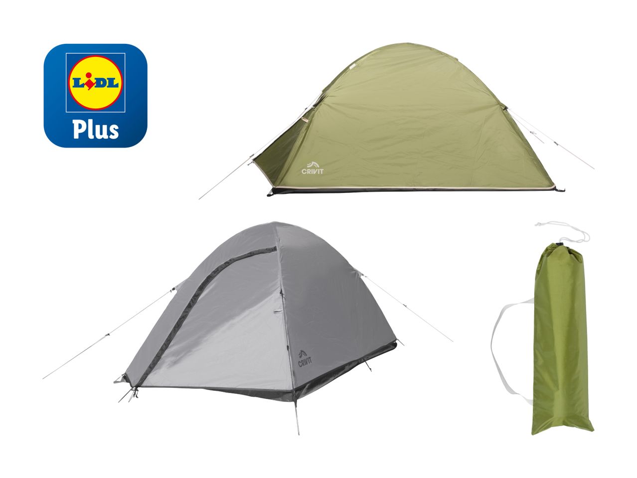 Crivit Campingzelte von Lidl Plus: ein grünes und ein graues Zelt, inklusive Packsack.