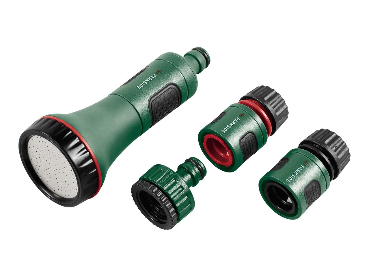 Green garden hose spray gun and various hose connectors with black and red accents.