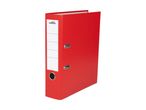 Red lever arch file with a white spine label and metal finger hole.