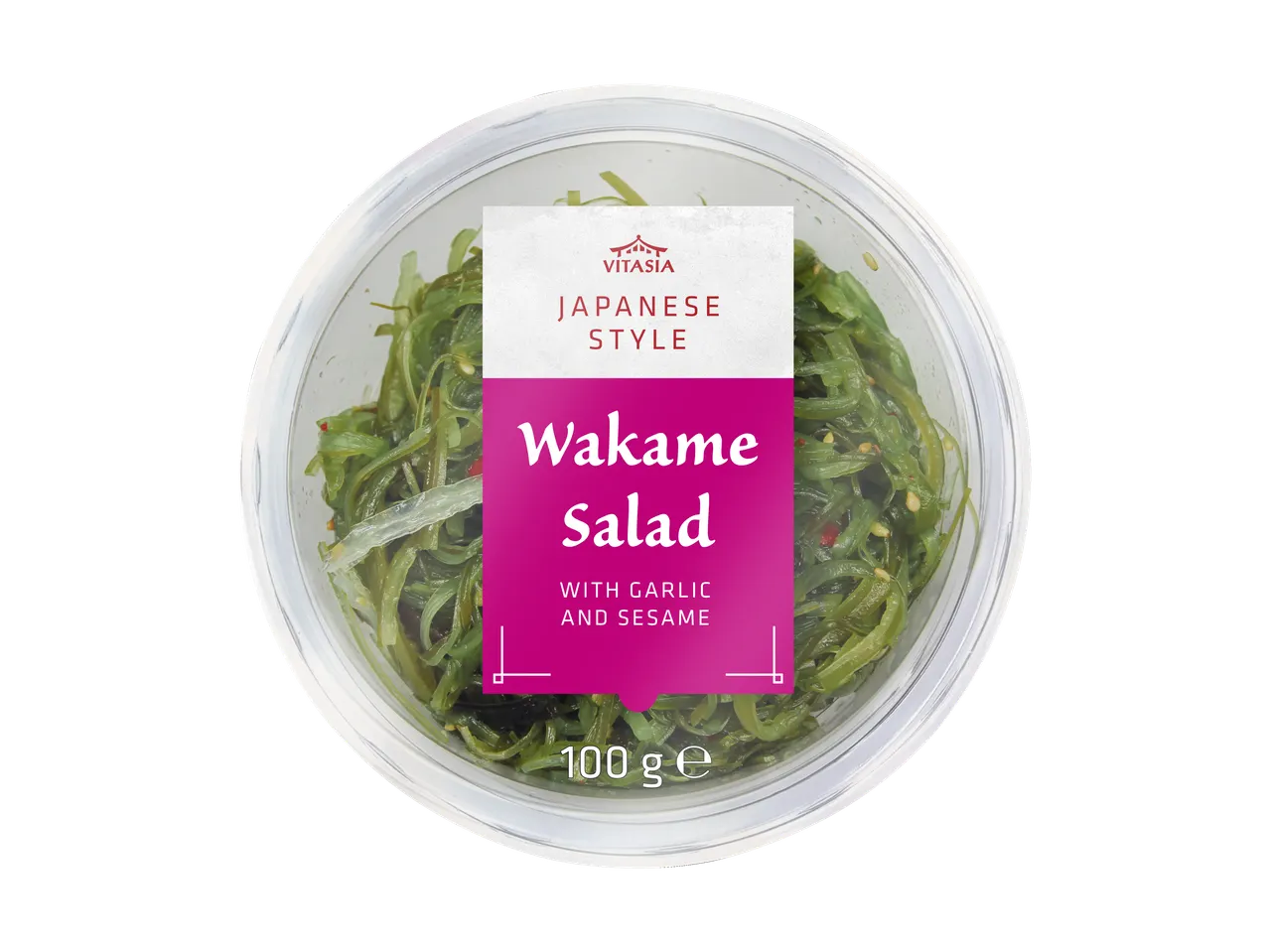 Japanese style wakame salad with garlic and sesame in a clear container, 100g.