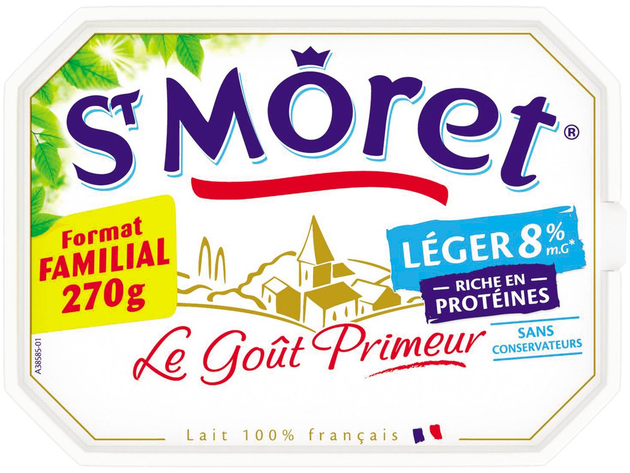 Emballage de fromage frais St Môret, format familial 270g, léger 8% M.G., riche en protéines, sans conservateurs.