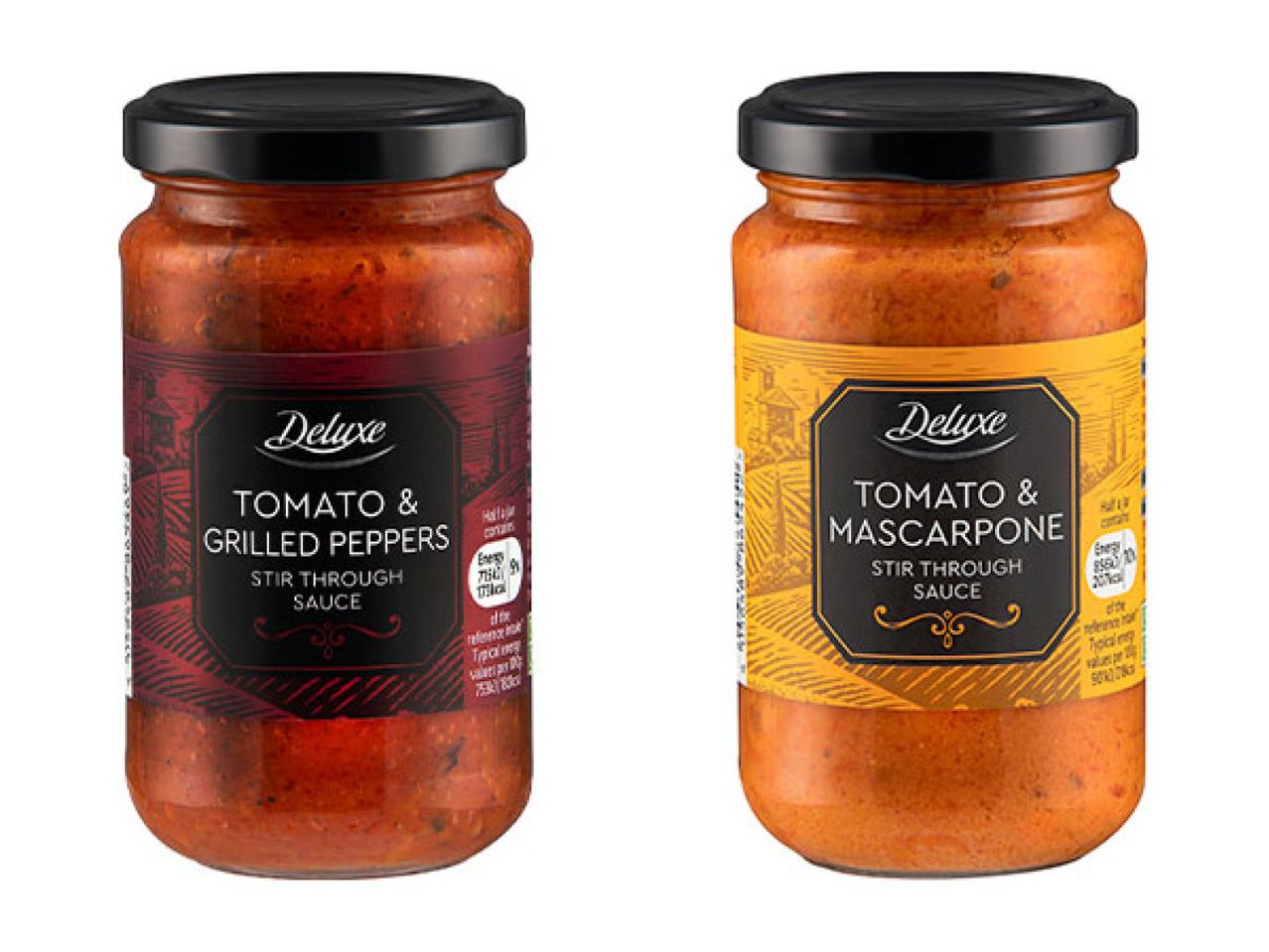 Two jars of tomato stir through sauce, one with grilled peppers and one with mascarpone.
