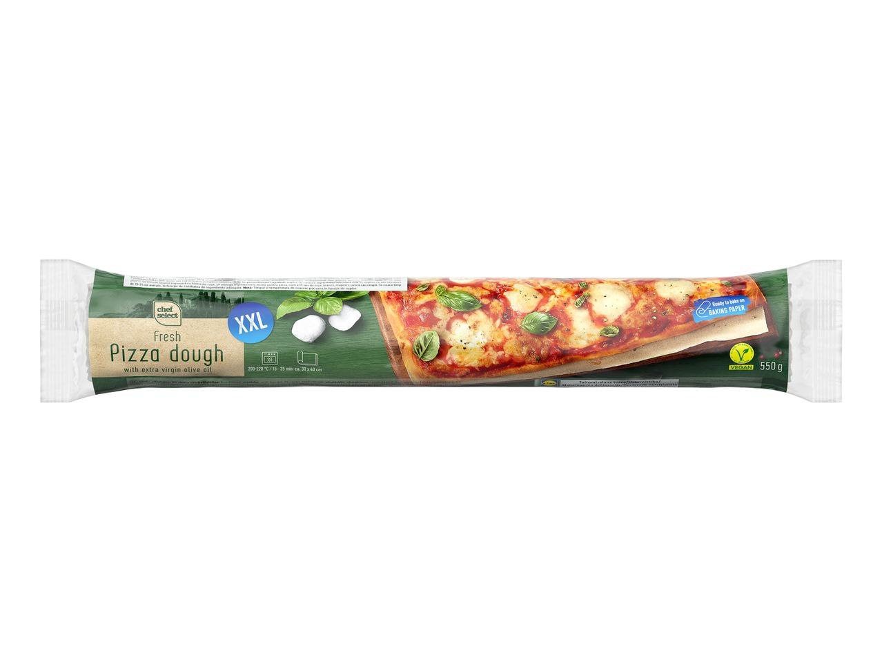 Aluat proaspăt de pizza Chef Select XXL cu ulei de măsline extravirgin, gata de copt pe hârtie de copt, vegan, 550g.