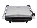 Closed stainless steel grill with power and ready indicator lights, front view.