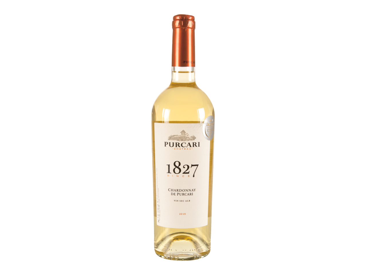 O sticlă de vin alb Purcari 1827 Chardonnay pe un fundal negru.