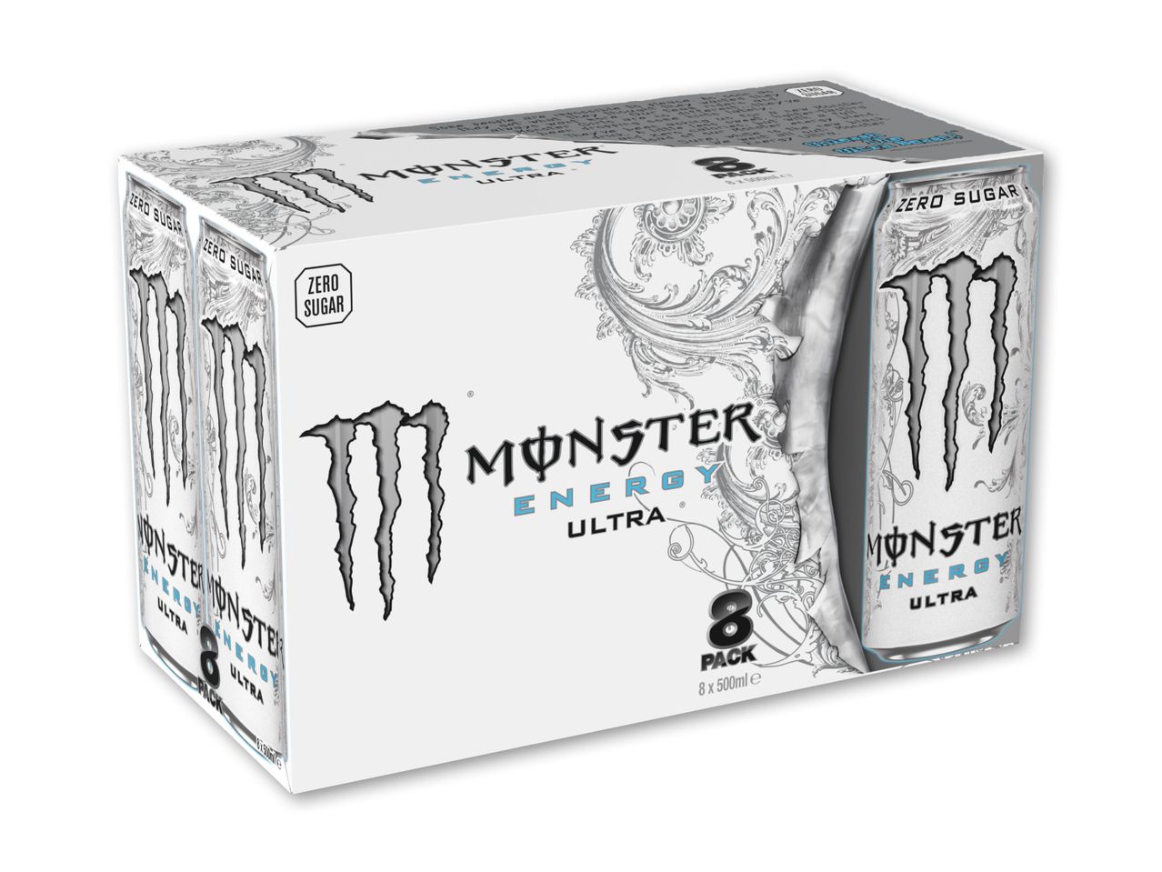 En 8-pak Monster Energy Ultra-dåser.