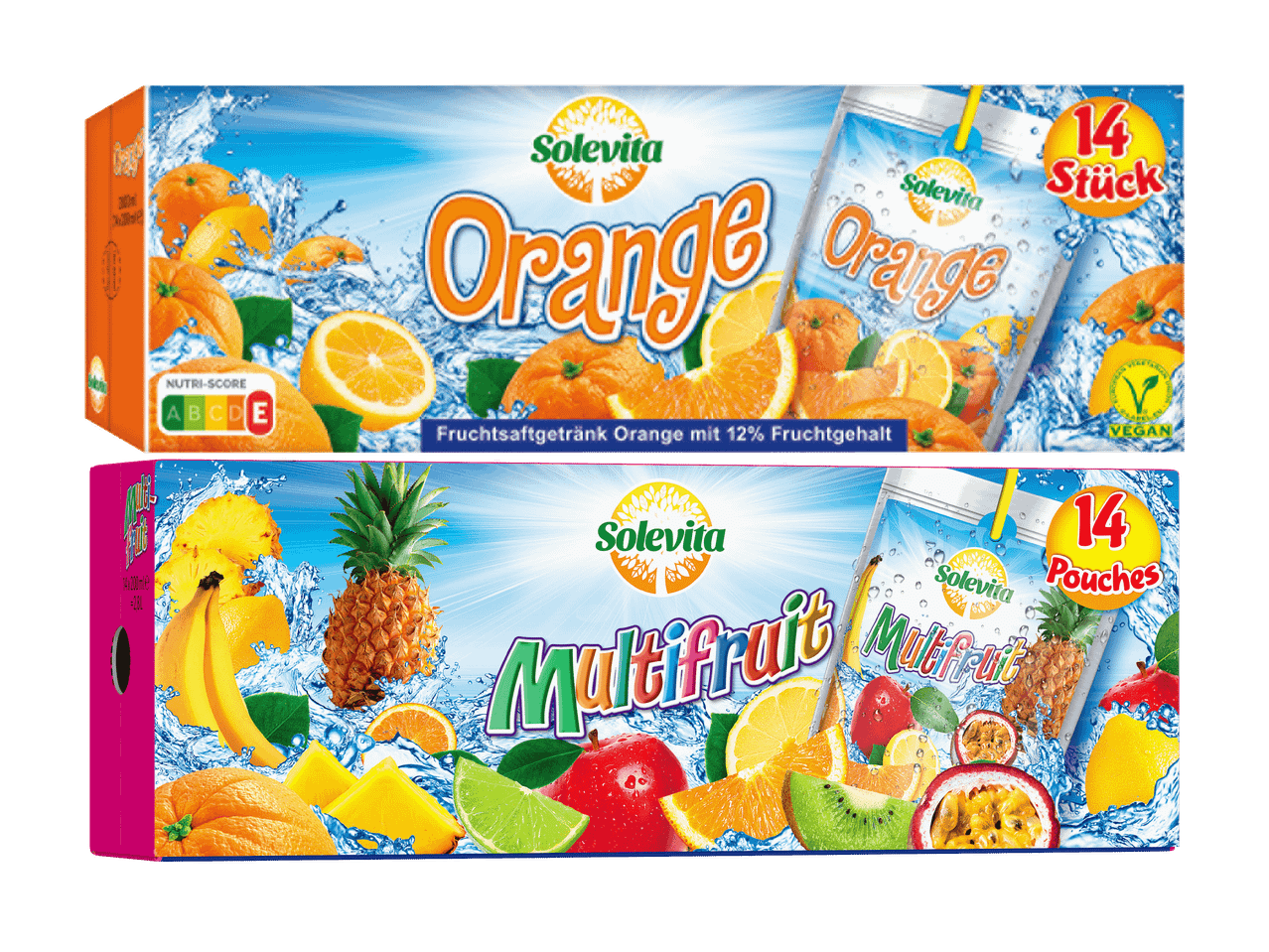 Solevita Saftgetränke: 14er Packungen Orangensaft und Multifruchtsaft.