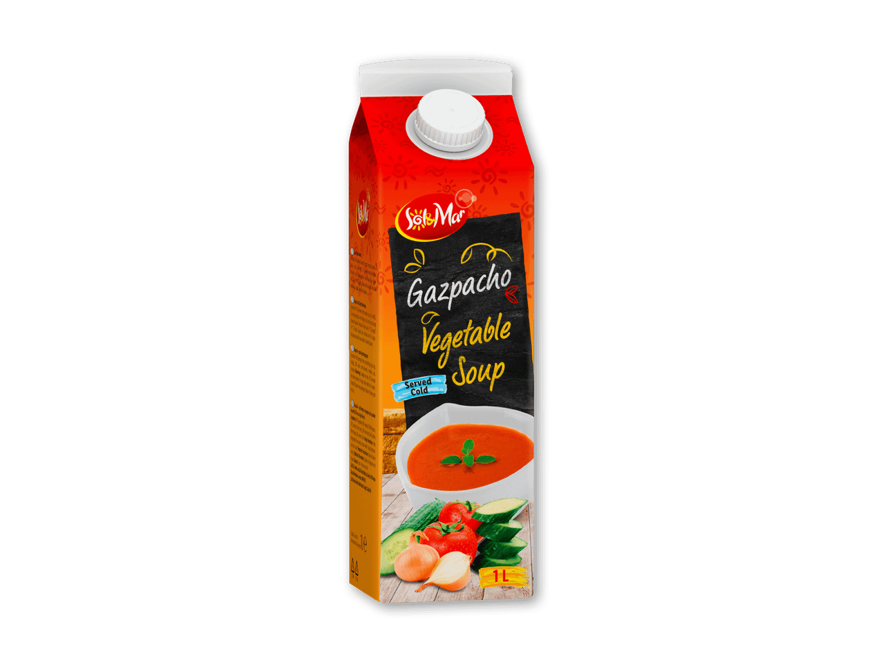Gazpacho grøntsagssuppe i en 1L karton, serveres kold, med billede af suppe og friske grøntsager.